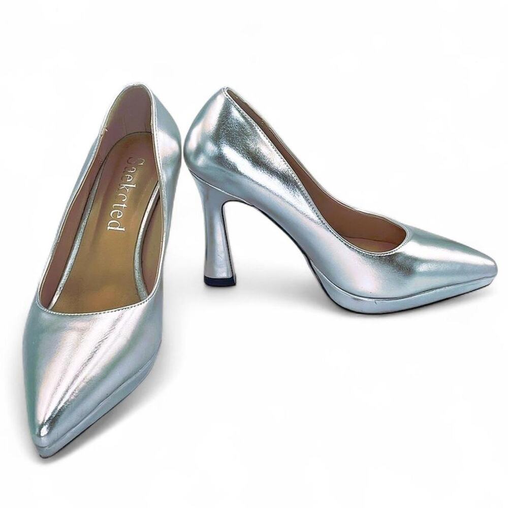 Silver Metallic Comfy Comfortable Pointed Small Platform Heels Party Glamour 6